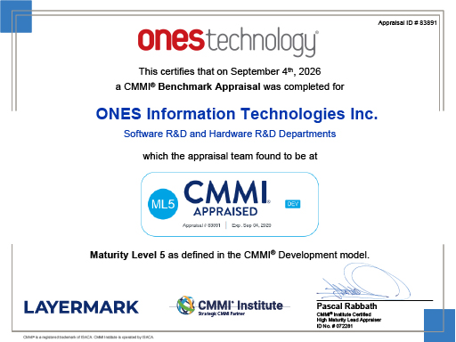 Ones Technology CMMI Maturity Level 5 Certificate